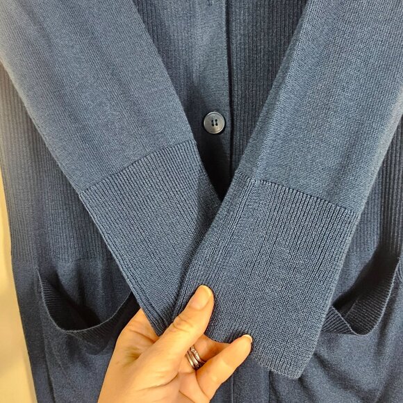 Halogen Merino Wool Blend Long Ribbed Cardigan L Teal Pockets Side Slits Relaxed - Picture 9 of 9